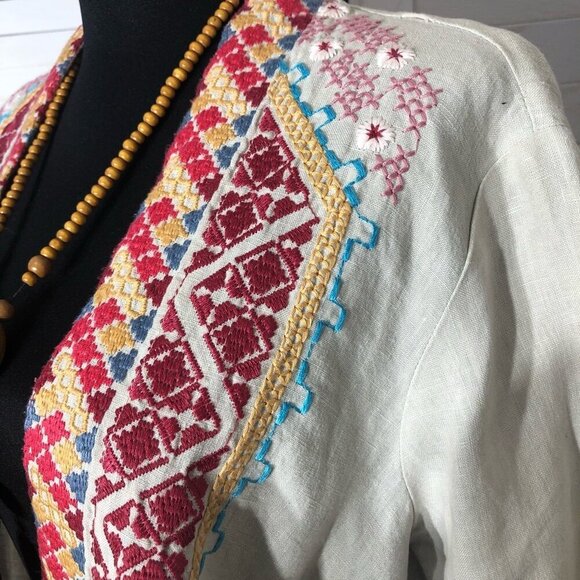 Johnny Was Kimono Cardigan Embroidered Boho Aztec Linen Multicolor Medium - Picture 6 of 14